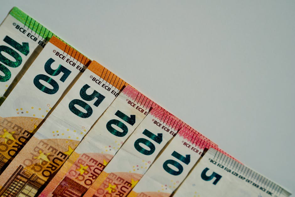 Close-up of various euro banknotes in different values on a plain background.