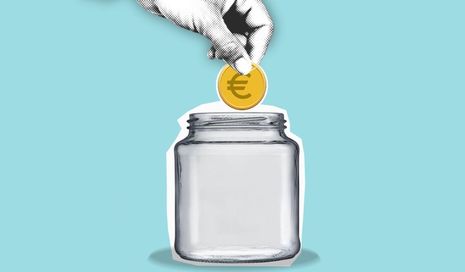 Decorative cardboard appliques of hand with euro coin above jar representing money saving 
