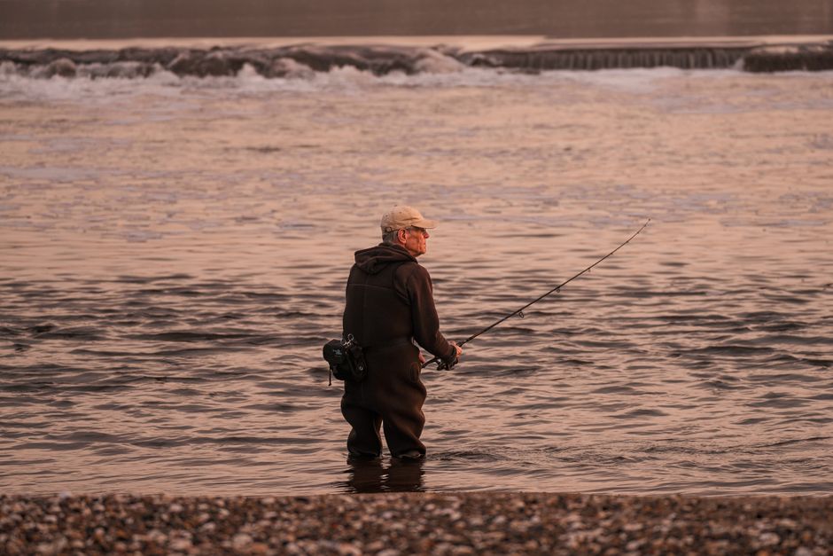 A lone fisherman casting a line at dawn in Stamford's Cove Island Park, creating a serene scene.
