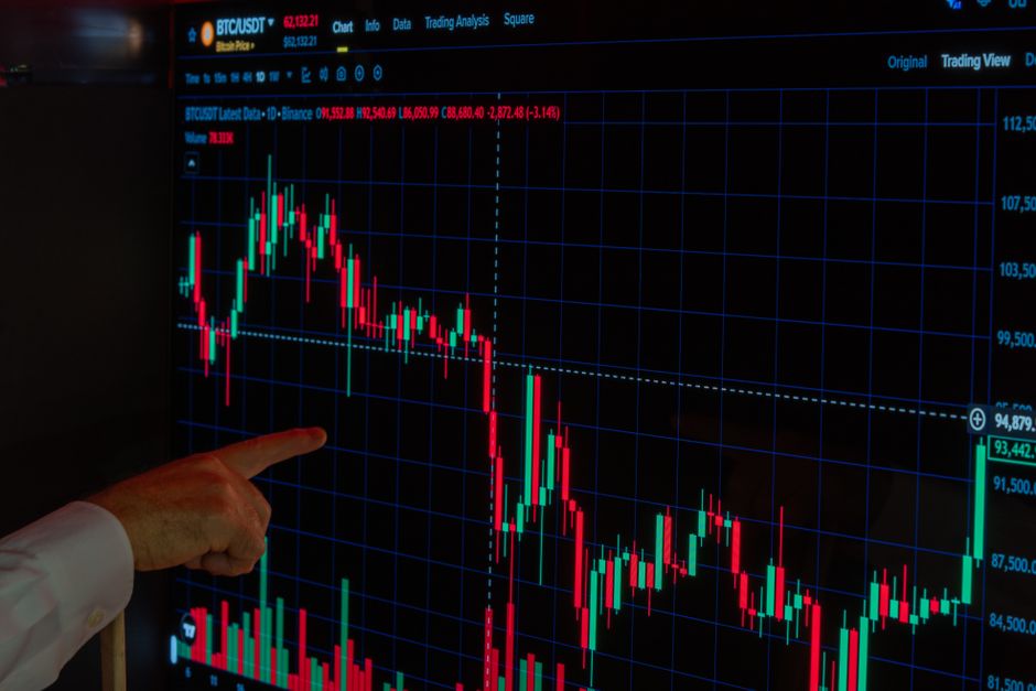 Close-up of a finger pointing at a Bitcoin price graph on a digital trading screen.